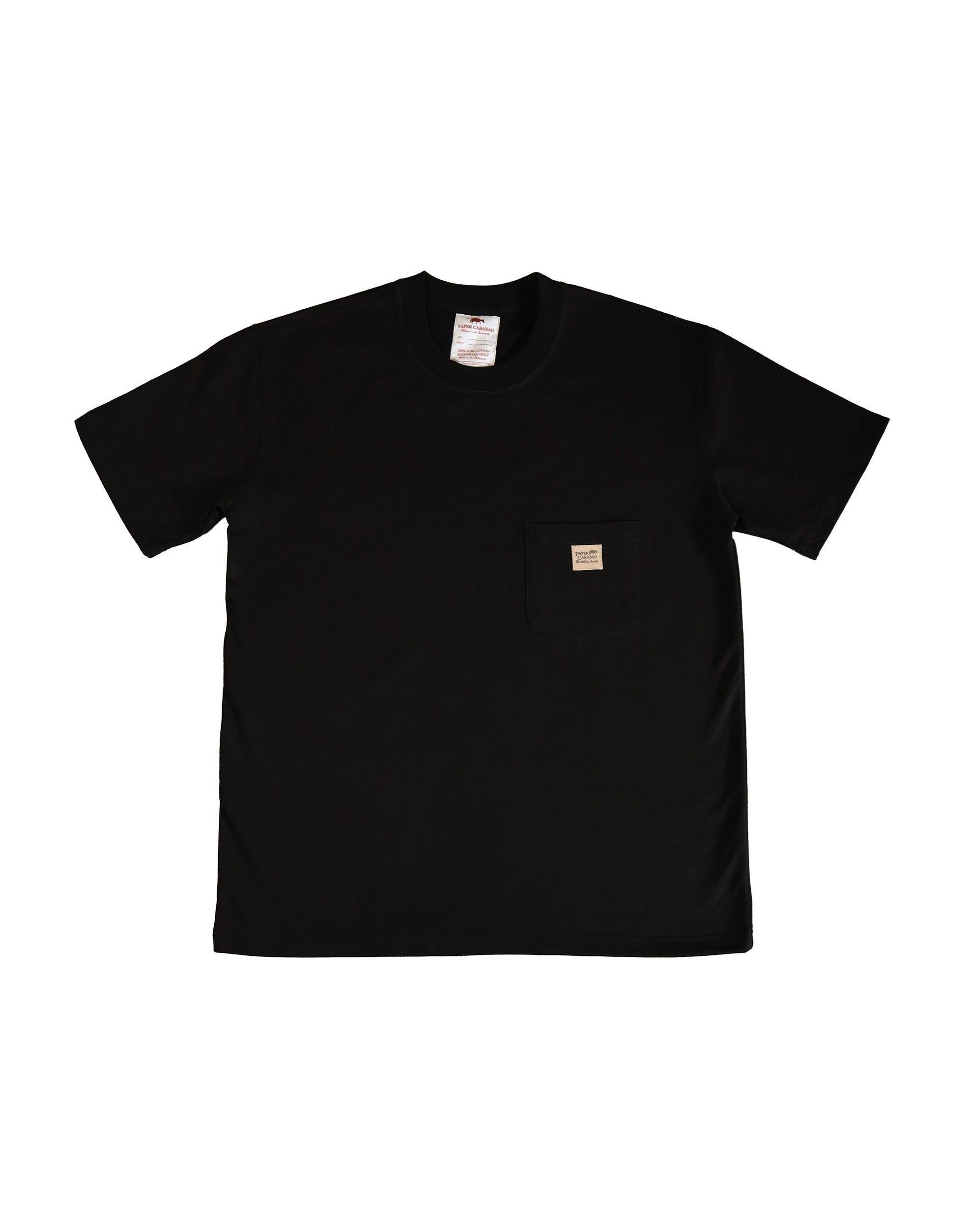 Black t-shirt with a small logo on a white background